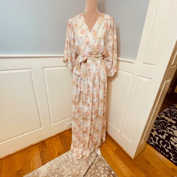 Baltic Born Watercolor Floral Flowy Kimono Maxi Dress Elastic Waist XXXL - Picture 2 of 10